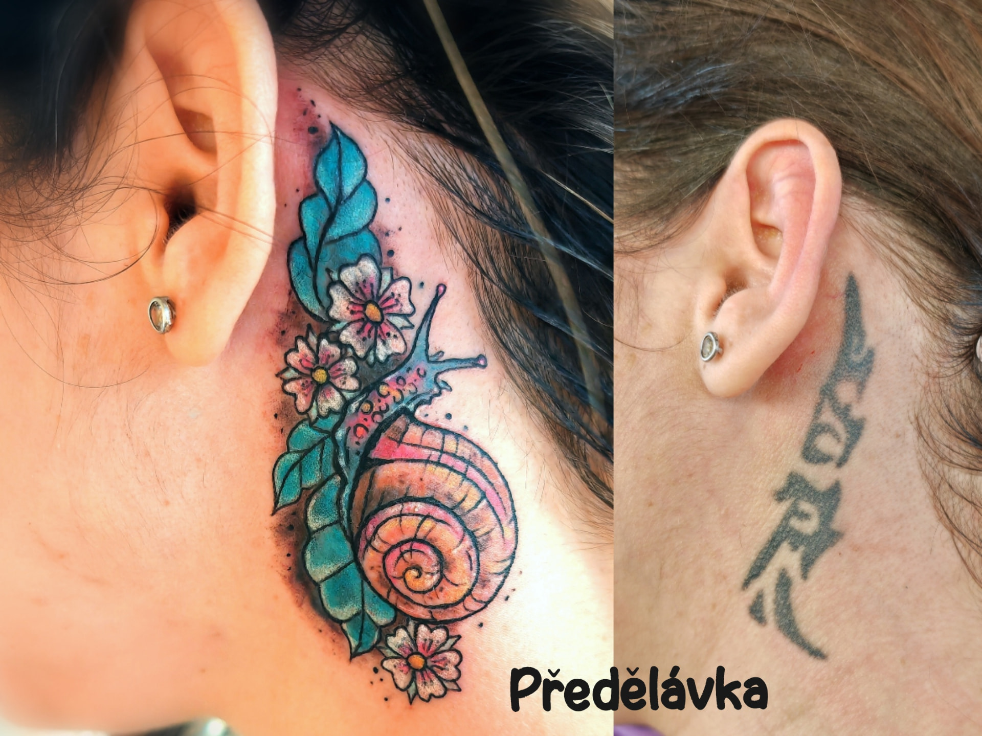 Barevný šnek s květinami – předělávka tetování za uchem